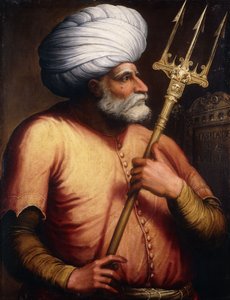 Portret van Khair el-Din Barbarossa, halflang, met een drietand
