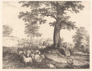 Herder en kudde onder een oude boom
