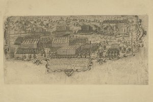 Slag bij de Leffingedijk tussen de Staatse troepen van Ernst Casimir van Nassau en de Spaanse van Albrecht van Oostenrijk, 1600 door Floris Balthasarsz. van Berckenrode