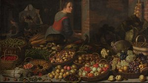 Stilleven met fruit en groenten, met Christus in Emmaus op de achtergrond door Floris Gerritsz van Schooten