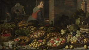 Stilleven met fruit en groenten, met Christus in Emmaüs op de achtergrond, c. 1630