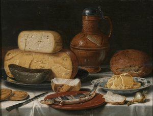 Stilleven met kaas, haring, brood en wijn door Floris van Schooten