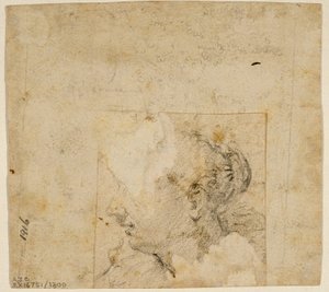 Vrouwelijk hoofd in profiel naar links; schets van bomen en gebouw door Follower of Jacopo Bassano