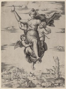 Psyche naar Olympus gedragen door Follower of Marcantonio Raimondi after Raphael
