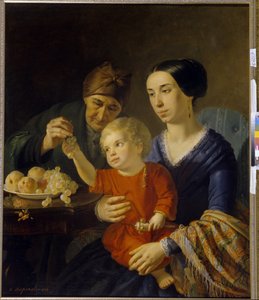 Familieportret (Een baby met een rammelaar op de schoot van zijn moeder krijgt druiven van zijn grootmoeder) door Foma Gavrilovich Toropov
