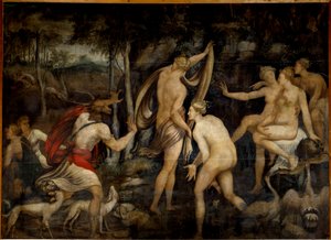 Diana (Artemis), godin van de jacht, en Acteon, jager door Fontainebleau School