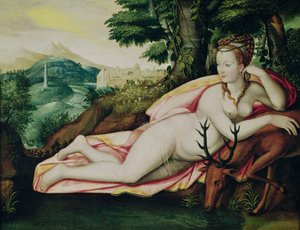 Diane de Poitiers (1499-1566) als Diana de Jageres door Fontainebleau School