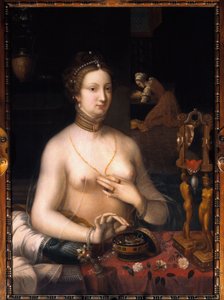 De dame heeft haar toilet Schilderij van de School van Fontainebleau. Rond 1560. Dim. 1,05 x 0,76 m. Dijon, Museum voor Schone Kunsten