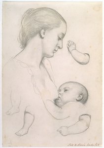 Maaltijd van een baby - Studie van een moeder en kind met aparte arm- en beenstudies van het kind door Ford Madox Brown
