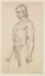 Mannelijk naakt - Academische studie, driekwart naakt, met snor en gebalde vuisten door Ford Madox Brown
