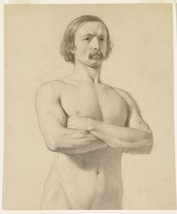 Mannelijk naakt - Academische naaktstudie, halflang met snor en gevouwen armen door Ford Madox Brown