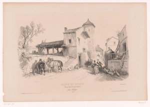 Dorpsstraat met paarden en diverse figuren