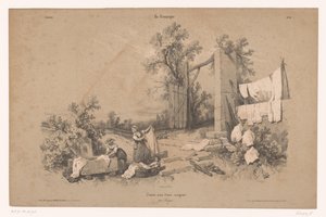 Twee vrouwen en een kind doen de was in de open lucht door Fortuné Ferogio