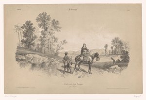 Vrouw op een paard met man en kind in een landschap