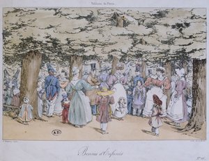 Kinderen en kindermeisjes in het park, uit de Tableau de Paris-serie, gegraveerd door C. Motte, 1827