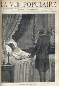 Een man overweldigd door verdriet, staand aan het bed van een dode vrouw. Op het nachtkastje brandt een kaars en staat een crucifix. Op de schoorsteenmantel een beker en een vrouwenbeeld in antieke kleding. Illustratie door Alfons Maria Mucha (Alphonse Mar