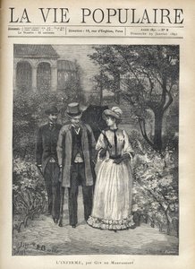 Een man met krukken loopt met een elegante jonge vrouw in de paden van een park. Een tweede man volgt hen. Illustratie van Fortune Louis Meaulle voor 