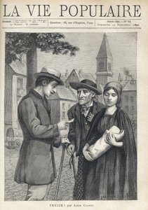 Een verpleegster die een nieuwe baby vasthoudt, vergezeld door haar vader, een oude boer, met een vastberaden blik, ontmoet een man van de bourgeoisie, die zorgvuldig een papier leest, op het plein van een provinciaal dorp. Illustratie door Rene Schutzenbe