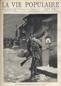 Een soldaat, met al zijn uitrusting, een bajonetgeweer en zwaaiend met een lantaarn voor de gesloten deur van een stadshuis. Achter hem, bij het IJzeren Kruis, komt de rest van de troep om zich bij hem te voegen. Illustratie van Montegut (?), voor Les Fran