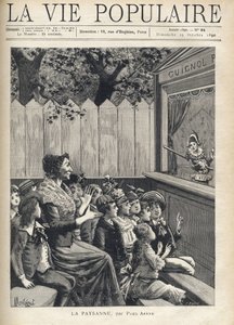 Een vrouw in het midden van een groep kinderen applaudisseert voor een poppenshow (Guignol). Illustratie van Fortune Meaulle door Montegut voor 