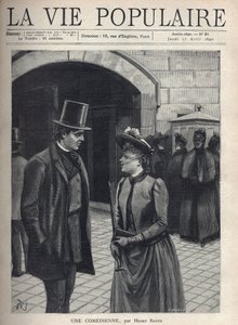 Een jonge vrouw met een sluierhoed die haar gezicht bedekt, houdt een paraplu en een boek vast, praat met een elegante jonge man, pak en hoge hoed, handen in de zakken. Achter hen een groep strenge vrouwen, donkere jas en gesluierd. Ze worden bekeken door  door Fortune Louis Meaulle