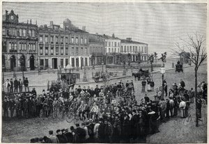 Vertrek van de Bordeaux-Parijs (Bordeaux Parijs) wielerwedstrijd in 1891 - gravure door Meaulle van 1891 door Fortune Louis Meaulle