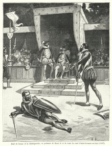 Duel tussen Guy Cabot de Jarnac en François de Vivonne, Seigneur de la Châtaigneraie voor koning Hendrik II van Frankrijk en zijn hele hof in St Germain-en-Laye