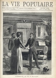 In een bourgeois salon, een man haast zich naar de gastvrouw en grijpt haar handen, terwijl hij zijn hoed op de grond laat vallen, onder de verbaasde blik van een andere man. Illustratie door Bernard Borione (1865-20e eeuw), voor de test door Guy door Fortune Louis Meaulle