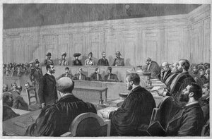 Het schandaal van Toulon in 1891: affaire Fouroux - Jonquieres - de rechtszaal, getuigenverklaring - Gravure door Meaulle in 