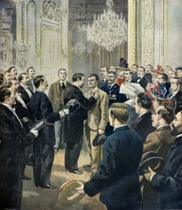 Louis Barthou versiert koetsier Georges, redder van de bazar de la charite, 1897 (Gravure)