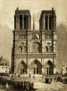Notre Dame de Paris in 1482: westgevel en voorplein. Gravure door F. Méaulle, gebaseerd op een tekening van Viollet-le-Duc ter illustratie van de gelijknamige roman van Victor Hugo, Ollendorff Editie begin 20e eeuw door Fortune Louis Meaulle