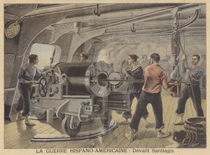 De Spaans-Amerikaanse Oorlog: aan boord van een oorlogsschip bij Santiago de Cuba door Fortune Louis Meaulle