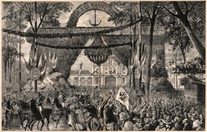 De aankomst van Alexis Alexandrovich Romanov, grootvorst van Rusland, in Vichy in 1891 - gravure door Meaulle door Fortune Louis Meaulle