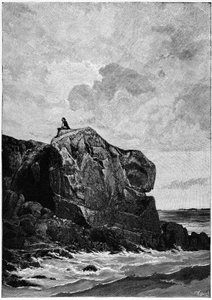 Victor Hugo in ballingschap op Jersey in 1855, op de Proscriit-rots. Gravure door Louis Fortune Meaulle.