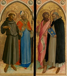Sint Franciscus en een bisschop, Sint Johannes de Doper en Sint Dominicus, eind jaren 1420 (tempera en bladgoud op paneel) door Fra (c.1387 1455) Angelico