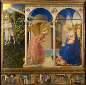De Annunciatie Tempera op paneel Renaissance 1430-1432 Italië, Florentijnse School Museo del Prado, Madrid 154x194 Schilderij door Fra  Angelico