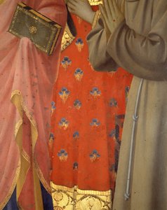 Detail van het altaarstuk van Annalena. Tuniek en kleding van Sint Jan de Evangelist, Sint Laurentius en Sint Franciscus (tempera op hout) door Fra  Angelico