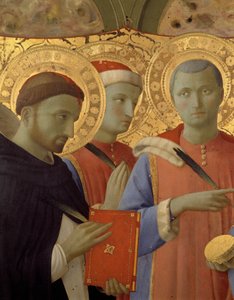 Detail van het altaarstuk van Annalena: Portretten van Sint Petrus de Martelaar, Sint Cosimo (Come of Cosimo) en Sint Damianus (tempera op hout) door Fra  Angelico