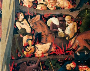 Hel met demonen die gierigen straffen, detail van Laatste Oordeel door Giovanni da Fiesole bekend als Fra Angelico (1400-circa 1455), tempera op hout door Fra (c.1387 1455) Angelico