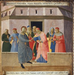 Judas ging naar de hogepriesters en stemde ermee in Jezus over te leveren in ruil voor dertig zilverstukken door Fra  Angelico