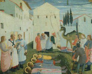 De begrafenis van de heiligen Cosmas en Damian, predella schilderijen die het verhaal van de heiligen Cosmas en Damian van het San Marco altaarstuk uitbeelden (ca. 1443)