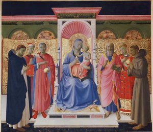 Maagd en kind met zes heiligen, Petrus, Cosmas en Damianus, Johannes, Laurentius en Franciscus (detail) door Fra  Angelico