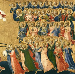 Christus verheerlijkt in het Hemelse Hof, detail van muzikale engelen van de rechterkant, 1419-35 (detail) door Fra Angelico