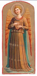 Kleurenlitho van Fra Angelico engel met muziekinstrument, ca. 1910