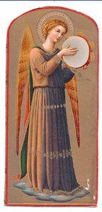 Kleurenlitho van Fra Angelico engel die tamboerijn speelt, ca. 1910