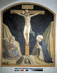 Kruisiging met de Maagd Maria en Sint Dominicus. Inscriptie "INRI" op het kruis, 1442 door Fra Angelico