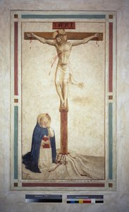 De kruisiging met Sint Dominicus. Inscriptie "INRI" op het kruis. Fresco van Guido di Pietro
