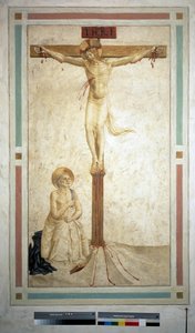De kruisiging met Sint Dominicus. Inscriptie "INRI" op het kruis. Fresco van Guido di Pietro