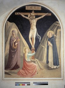 De kruisiging met Sint Dominicus, de Maagd Maria en Sint Maria Magdalena. Inscriptie "INRI" op het kruis. Fresco van Guido di Pietro door Fra Angelico