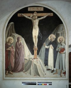 De kruisiging van Christus met de Maagd Maria, Sint Jan de Evangelist, Sint Hiëronymus, Sint Dominicus. Inscriptie "INRI" op het kruis. Fresco van Guido di Pietro